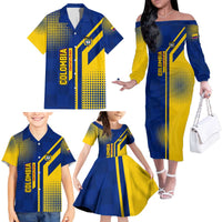 Colombia Flag Colors Family Matching Off The Shoulder Long Sleeve Dress and Hawaiian Shirt with National Crest and Libertad y Orden Motto Design - Wonder Print Shop