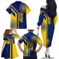 Colombia Flag Colors Family Matching Off The Shoulder Long Sleeve Dress and Hawaiian Shirt with National Crest and Libertad y Orden Motto Design - Wonder Print Shop