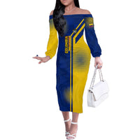 Colombia Flag Colors Family Matching Off The Shoulder Long Sleeve Dress and Hawaiian Shirt with National Crest and Libertad y Orden Motto Design - Wonder Print Shop