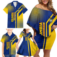 Colombia Flag Colors Family Matching Off Shoulder Short Dress and Hawaiian Shirt with National Crest and Libertad y Orden Motto Design - Wonder Print Shop
