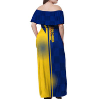 Colombia Flag Colors Off Shoulder Maxi Dress with National Crest and Libertad y Orden Motto Design - Wonder Print Shop