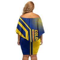 Colombia Flag Colors Off Shoulder Short Dress with National Crest and Libertad y Orden Motto Design - Wonder Print Shop