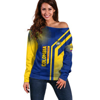 Colombia Flag Colors Off Shoulder Sweater with National Crest and Libertad y Orden Motto Design - Wonder Print Shop