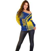 Colombia Flag Colors Off Shoulder Sweater with National Crest and Libertad y Orden Motto Design - Wonder Print Shop