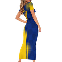 Colombia Flag Colors Short Sleeve Bodycon Dress with National Crest and Libertad y Orden Motto Design - Wonder Print Shop