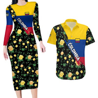 Colombia Yellow Flower Pattern Couples Matching Long Sleeve Bodycon Dress and Hawaiian Shirt with Flag Colors and Floree de Libertad Design - Wonder Print Shop
