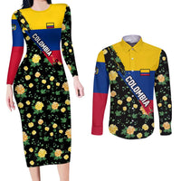 Colombia Yellow Flower Pattern Couples Matching Long Sleeve Bodycon Dress and Long Sleeve Button Shirt with Flag Colors and Floree de Libertad Design - Wonder Print Shop