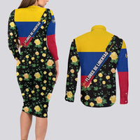 Colombia Yellow Flower Pattern Couples Matching Long Sleeve Bodycon Dress and Long Sleeve Button Shirt with Flag Colors and Floree de Libertad Design - Wonder Print Shop