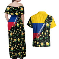 Colombia Yellow Flower Pattern Couples Matching Off Shoulder Maxi Dress and Hawaiian Shirt with Flag Colors and Floree de Libertad Design - Wonder Print Shop