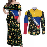 Colombia Yellow Flower Pattern Couples Matching Off Shoulder Maxi Dress and Long Sleeve Button Shirt with Flag Colors and Floree de Libertad Design - Wonder Print Shop
