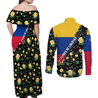Colombia Yellow Flower Pattern Couples Matching Off Shoulder Maxi Dress and Long Sleeve Button Shirt with Flag Colors and Floree de Libertad Design - Wonder Print Shop