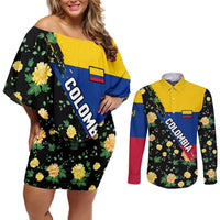 Colombia Yellow Flower Pattern Couples Matching Off Shoulder Short Dress and Long Sleeve Button Shirt with Flag Colors and Floree de Libertad Design - Wonder Print Shop