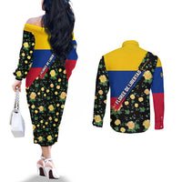 Colombia Yellow Flower Pattern Couples Matching Off The Shoulder Long Sleeve Dress and Long Sleeve Button Shirt with Flag Colors and Floree de Libertad Design - Wonder Print Shop