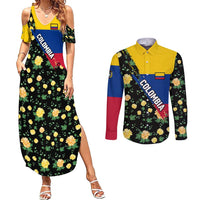 Colombia Yellow Flower Pattern Couples Matching Summer Maxi Dress and Long Sleeve Button Shirt with Flag Colors and Floree de Libertad Design - Wonder Print Shop