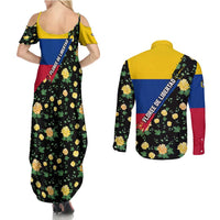 Colombia Yellow Flower Pattern Couples Matching Summer Maxi Dress and Long Sleeve Button Shirt with Flag Colors and Floree de Libertad Design - Wonder Print Shop
