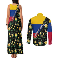 Colombia Yellow Flower Pattern Couples Matching Tank Maxi Dress and Long Sleeve Button Shirt with Flag Colors and Floree de Libertad Design - Wonder Print Shop