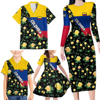 Colombia Yellow Flower Pattern Family Matching Long Sleeve Bodycon Dress and Hawaiian Shirt with Flag Colors and Floree de Libertad Design - Wonder Print Shop