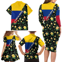 Colombia Yellow Flower Pattern Family Matching Long Sleeve Bodycon Dress and Hawaiian Shirt with Flag Colors and Floree de Libertad Design - Wonder Print Shop