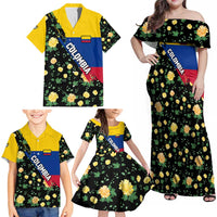 Colombia Yellow Flower Pattern Family Matching Off Shoulder Maxi Dress and Hawaiian Shirt with Flag Colors and Floree de Libertad Design - Wonder Print Shop