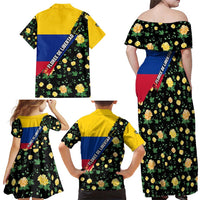 Colombia Yellow Flower Pattern Family Matching Off Shoulder Maxi Dress and Hawaiian Shirt with Flag Colors and Floree de Libertad Design - Wonder Print Shop