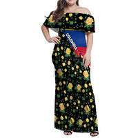 Colombia Yellow Flower Pattern Family Matching Off Shoulder Maxi Dress and Hawaiian Shirt with Flag Colors and Floree de Libertad Design - Wonder Print Shop