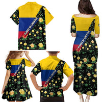 Colombia Yellow Flower Pattern Family Matching Puletasi and Hawaiian Shirt with Flag Colors and Floree de Libertad Design - Wonder Print Shop