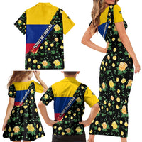 Colombia Yellow Flower Pattern Family Matching Short Sleeve Bodycon Dress and Hawaiian Shirt with Flag Colors and Floree de Libertad Design - Wonder Print Shop