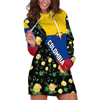 Colombia Yellow Flower Pattern Hoodie Dress with Flag Colors and Floree de Libertad Design - Wonder Print Shop