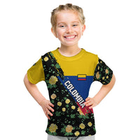 Colombia Yellow Flower Pattern Kid T Shirt with Flag Colors and Floree de Libertad Design - Wonder Print Shop