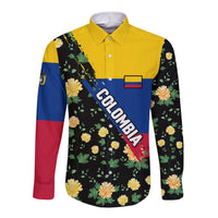 Colombia Yellow Flower Pattern Long Sleeve Button Shirt with Flag Colors and Floree de Libertad Design - Wonder Print Shop