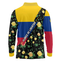 Colombia Yellow Flower Pattern Long Sleeve Polo Shirt with Flag Colors and Floree de Libertad Design - Wonder Print Shop