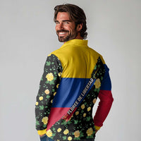 Colombia Yellow Flower Pattern Long Sleeve Polo Shirt with Flag Colors and Floree de Libertad Design - Wonder Print Shop