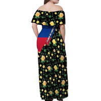 Colombia Yellow Flower Pattern Off Shoulder Maxi Dress with Flag Colors and Floree de Libertad Design - Wonder Print Shop