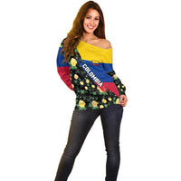 Colombia Yellow Flower Pattern Off Shoulder Sweater with Flag Colors and Floree de Libertad Design - Wonder Print Shop