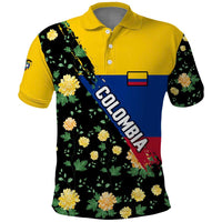 Colombia Yellow Flower Pattern Polo Shirt with Flag Colors and Floree de Libertad Design - Wonder Print Shop