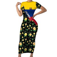 Colombia Yellow Flower Pattern Short Sleeve Bodycon Dress with Flag Colors and Floree de Libertad Design - Wonder Print Shop