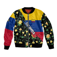 Colombia Yellow Flower Pattern Sleeve Zip Bomber Jacket with Flag Colors and Floree de Libertad Design - Wonder Print Shop