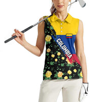 Colombia Yellow Flower Pattern Women Sleeveless Polo Shirt with Flag Colors and Floree de Libertad Design - Wonder Print Shop