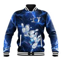 Blue Lightning Bowling Hoodie Baseball Jacket with Striking Ball and Pins Graphic and Custom Name Design - Wonder Print Shop