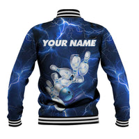 Blue Lightning Bowling Hoodie Baseball Jacket with Striking Ball and Pins Graphic and Custom Name Design - Wonder Print Shop