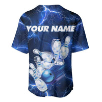 Blue Lightning Bowling Hoodie Baseball Jersey with Striking Ball and Pins Graphic and Custom Name Design - Wonder Print Shop