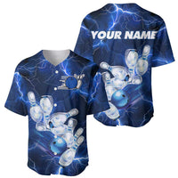 Blue Lightning Bowling Hoodie Baseball Jersey with Striking Ball and Pins Graphic and Custom Name Design - Wonder Print Shop