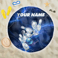 Blue Lightning Bowling Hoodie Beach Blanket with Striking Ball and Pins Graphic and Custom Name Design - Wonder Print Shop