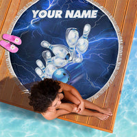 Blue Lightning Bowling Hoodie Beach Blanket with Striking Ball and Pins Graphic and Custom Name Design - Wonder Print Shop
