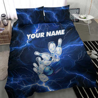 Blue Lightning Bowling Hoodie Bedding Set with Striking Ball and Pins Graphic and Custom Name Design - Wonder Print Shop
