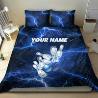Blue Lightning Bowling Hoodie Bedding Set with Striking Ball and Pins Graphic and Custom Name Design - Wonder Print Shop