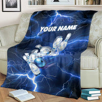 Blue Lightning Bowling Hoodie Blanket with Striking Ball and Pins Graphic and Custom Name Design - Wonder Print Shop