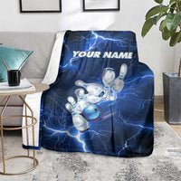 Blue Lightning Bowling Hoodie Blanket with Striking Ball and Pins Graphic and Custom Name Design - Wonder Print Shop