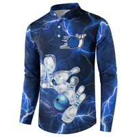 Blue Lightning Bowling Hoodie Button Sweatshirt with Striking Ball and Pins Graphic and Custom Name Design - Wonder Print Shop