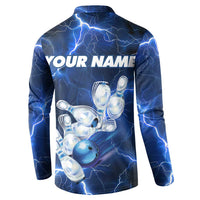 Blue Lightning Bowling Hoodie Button Sweatshirt with Striking Ball and Pins Graphic and Custom Name Design - Wonder Print Shop